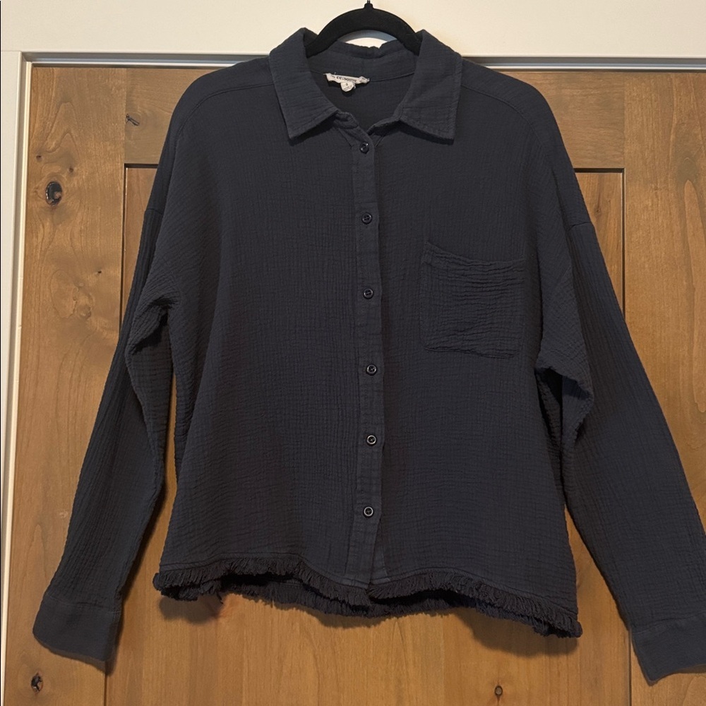 ee:some Oversized Button down cotton Gauze Blouse Top Womens S Charcoal Fringe